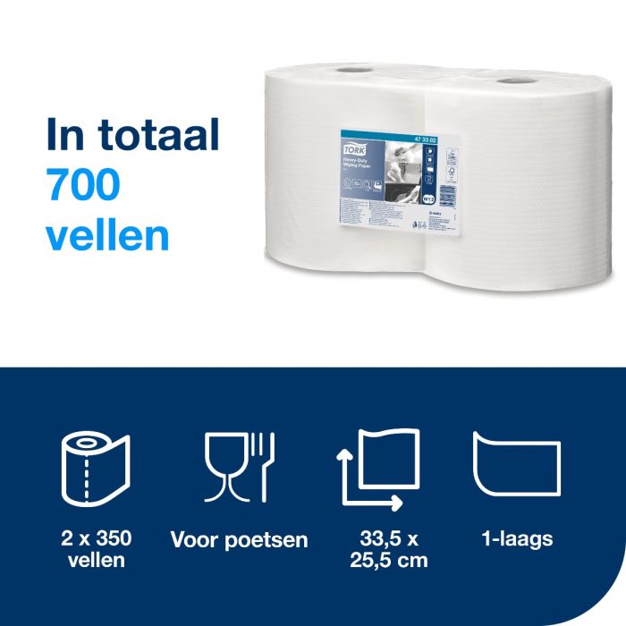 Tork 473382 Heavy-Duty Poetspapier Wit W1/2, multifunctioneel, 2 x 350 vellen (473382)