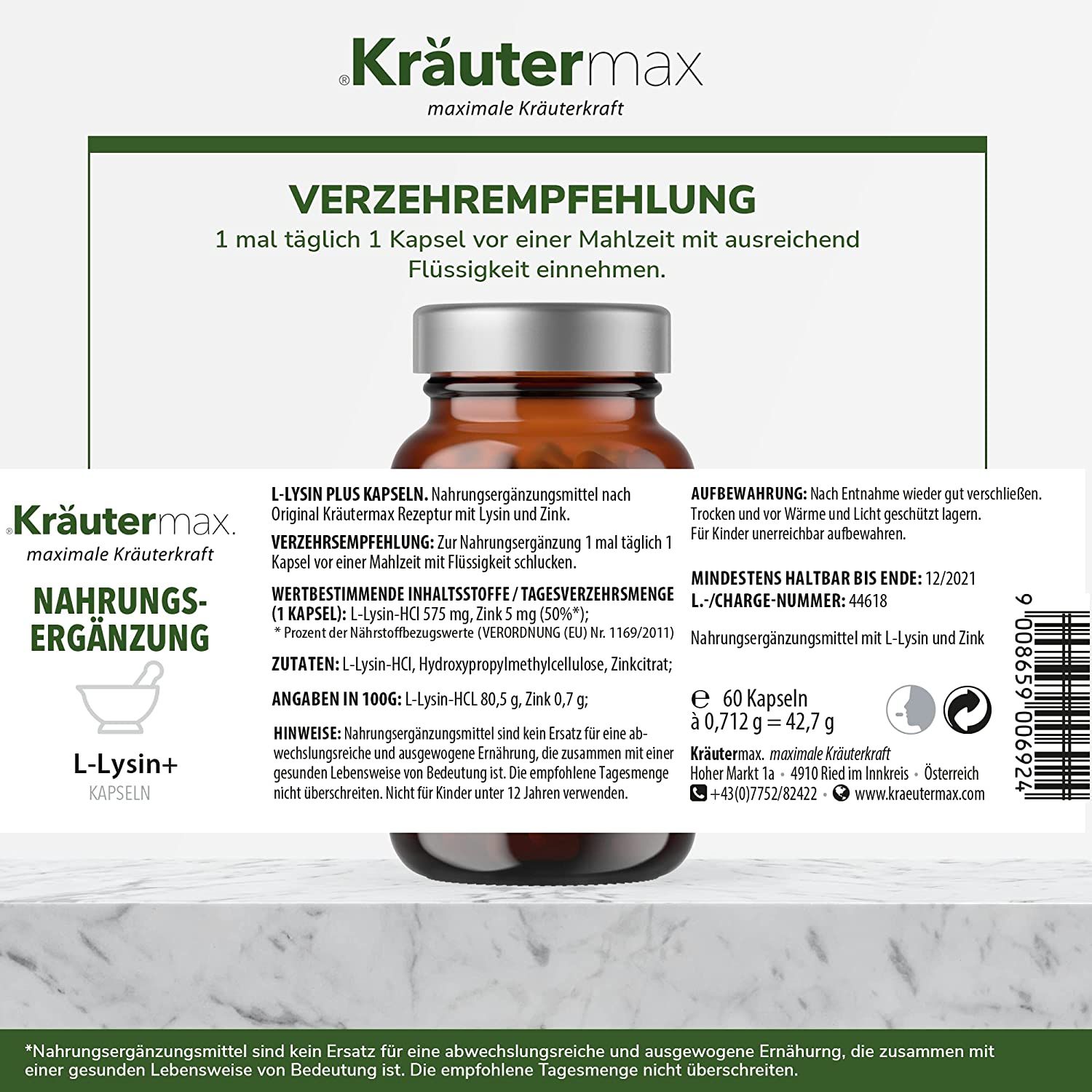 Kräutermax L-Lysin 575 mg plus Zink 5 mg Kapseln.