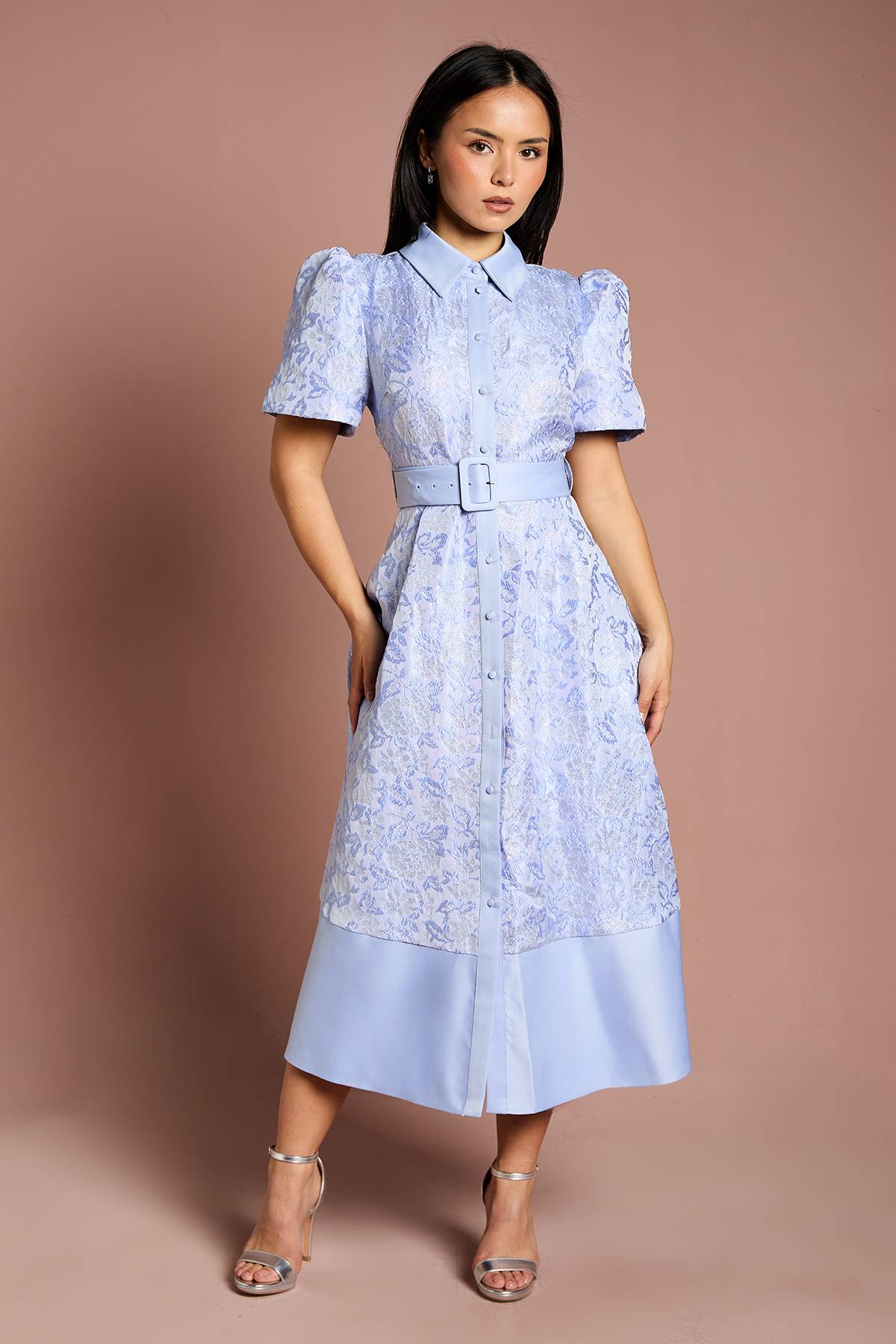 Coast Robe Mi-longue Jacquard à Manches Courtes Style Chemise Petite