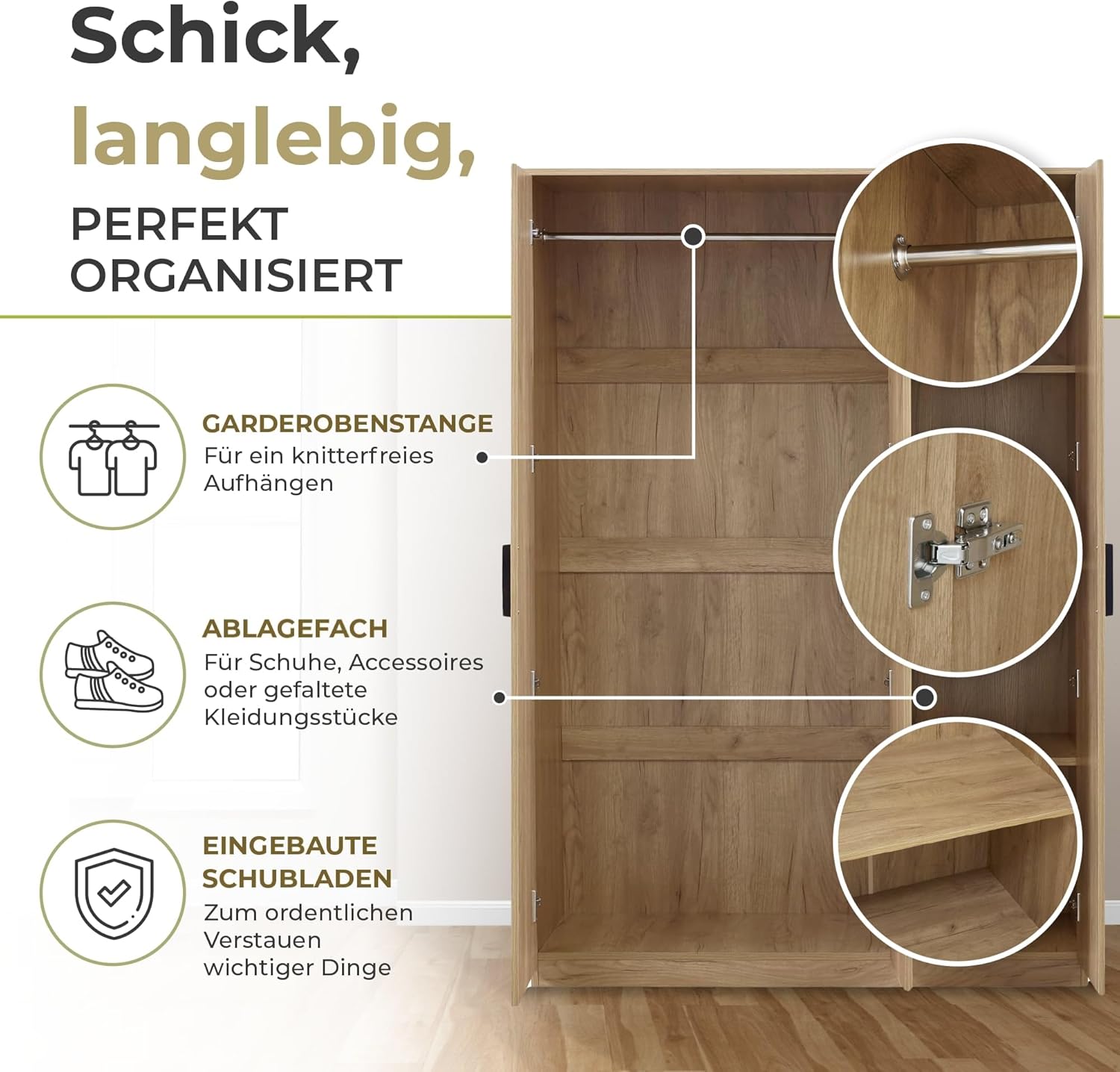 [en.casa] Kleiderschrank Eiselfing Schrank mit 3 Türen Garderobenschrank 176 x 120 x 52 cm Schlafzimmerschrank 1 Kleiderstange 4 Fächer Eicheoptik