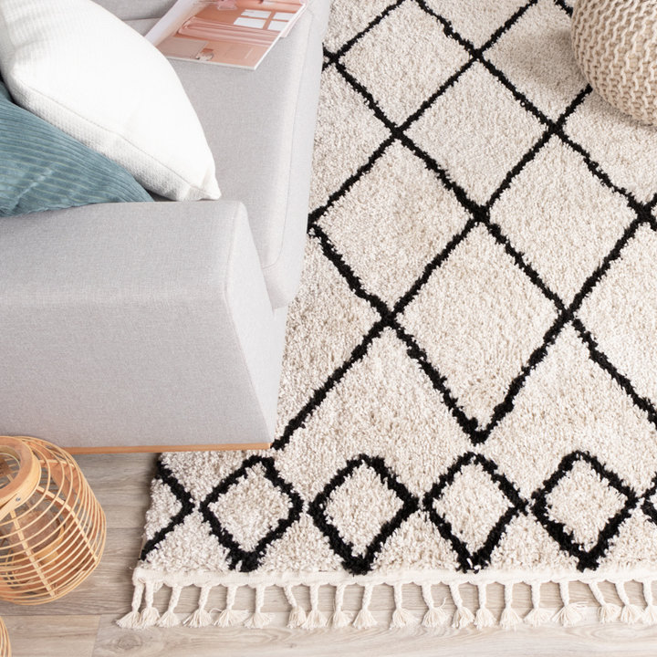 Hoogpolig vloerkleed - Grand Diamond Creme/Zwart