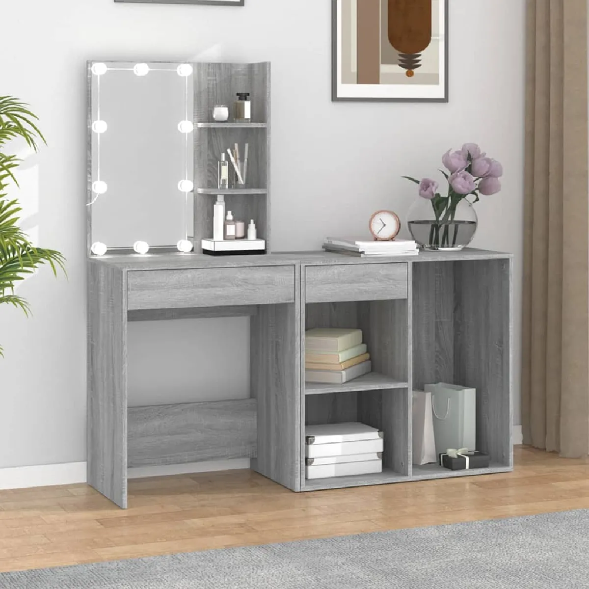 vidaXL Coiffeuse LED avec Armoire - Sonoma Gris