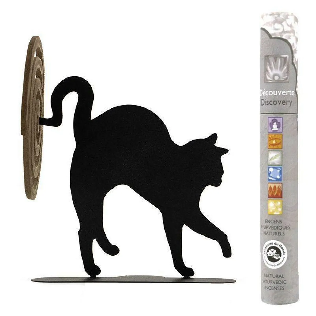Encens Du Monde Porte-Spirales Encens Chat Noir + 14 Bâtonnets Ayurvédiques