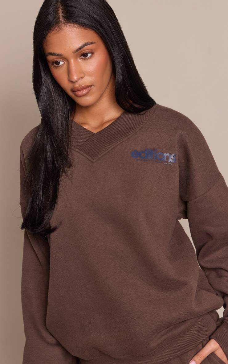 Chocolat Sweat-shirt Grande Taille Éditions Imprimé Col V Épaules Dénudées