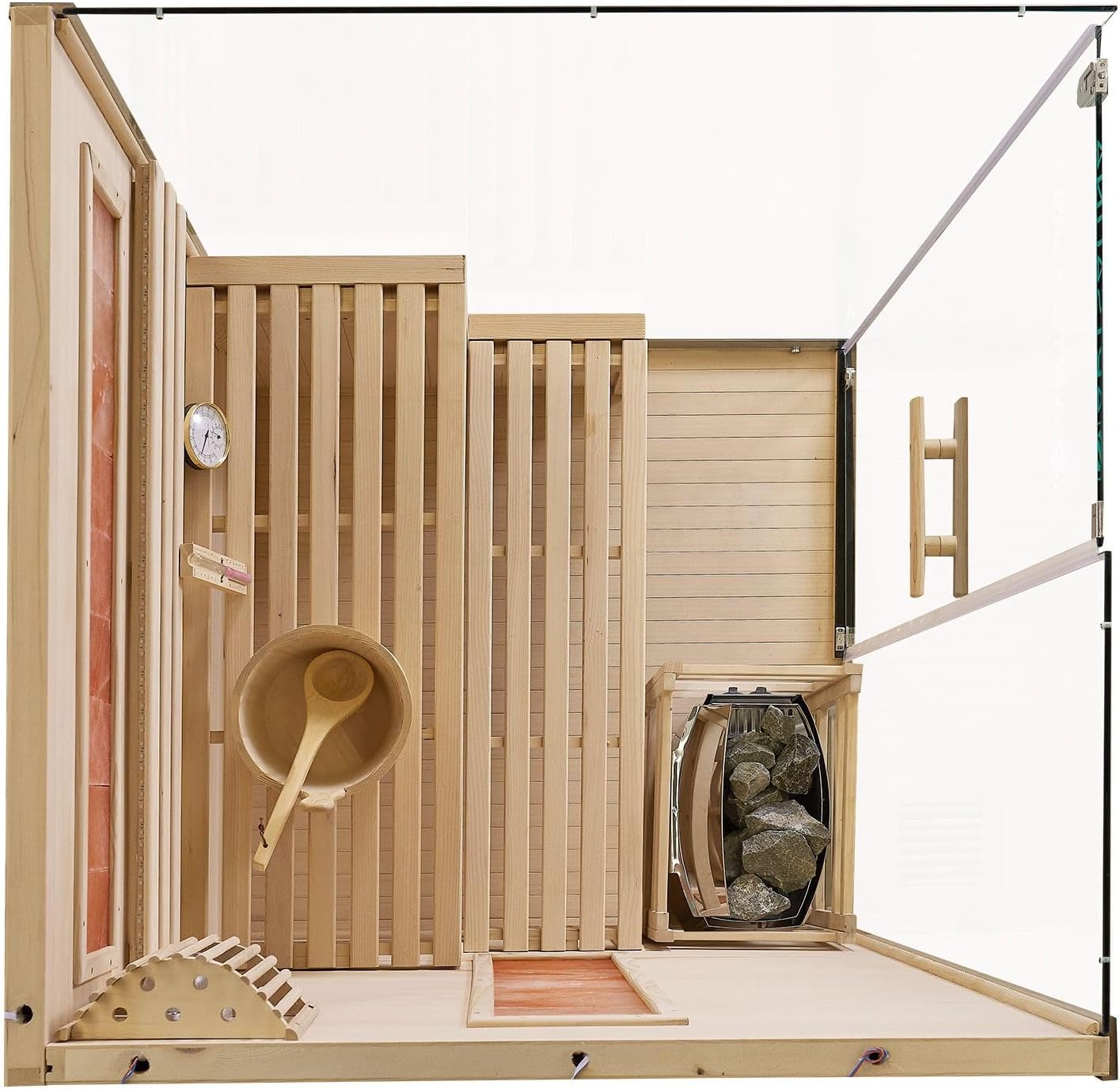 Artsauna Saunakabine Vantaa 120 mit Salzstein - Indoor Sauna 2 Personen - 3,5k W Ofen, Glasfront, LED Licht, Thermometer & Sanduhr - Komplett Set