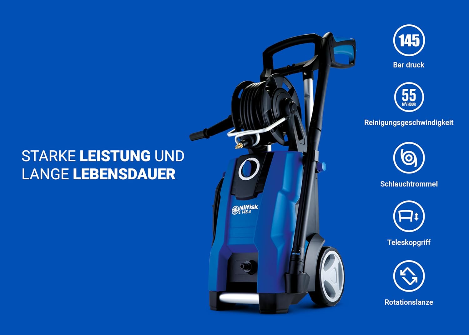 Nilfisk E 145.4 Bar Hochdruckreiniger + Schaumsprüher + Flächenreiniger + Bürste - Pressure Washer für die Reinigung von Außenbereichen und die Autowäsche (2100 W), Blau