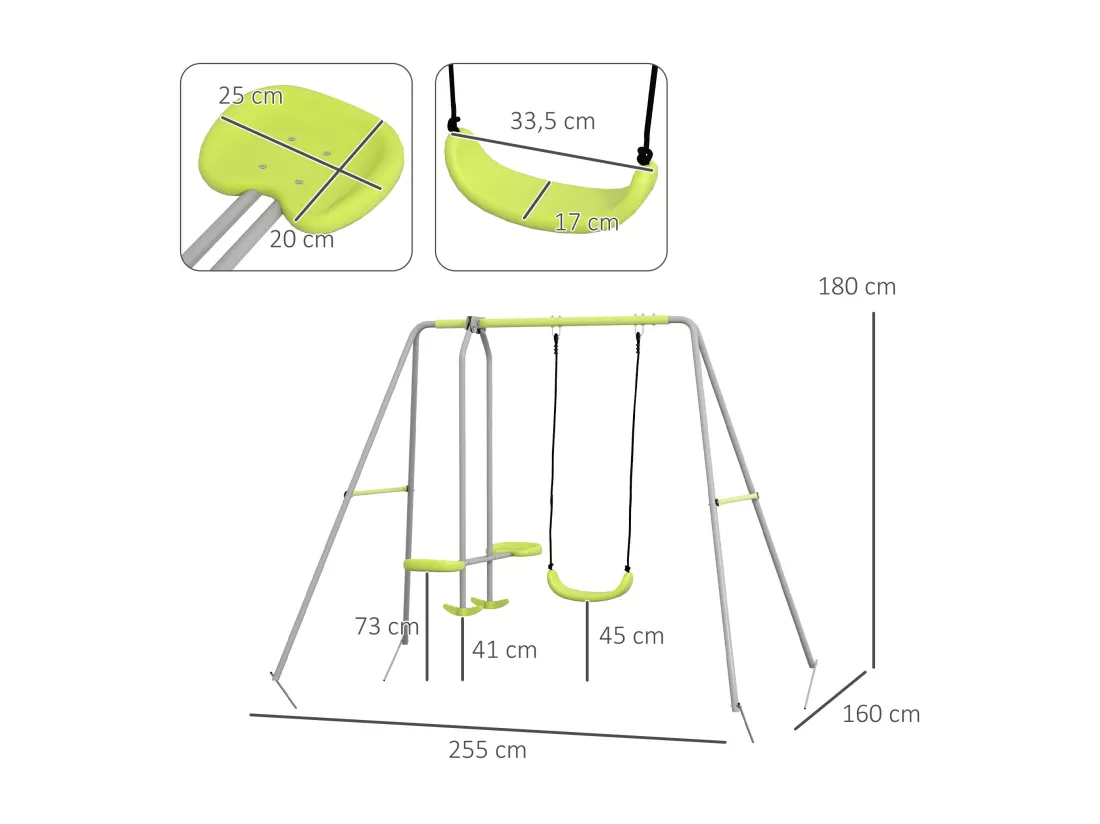 Balançoire 2 agrès portique avec balançoire et face à face dim. 2,55L x 1,6l x 1,8H m métal époxy PE gris vert