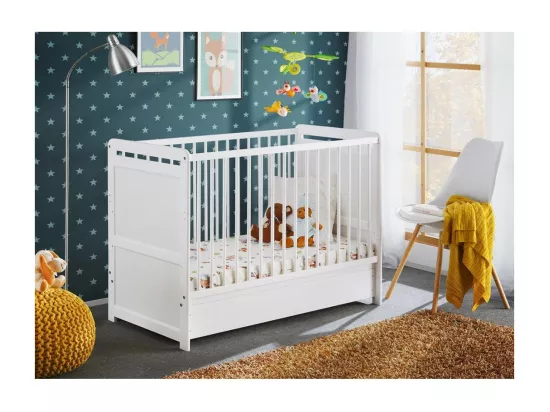 Lit bébé évolutif - GUIZMO - Coloris blanc mat - Lit réglable en hauteur avec tiroir et matelas.