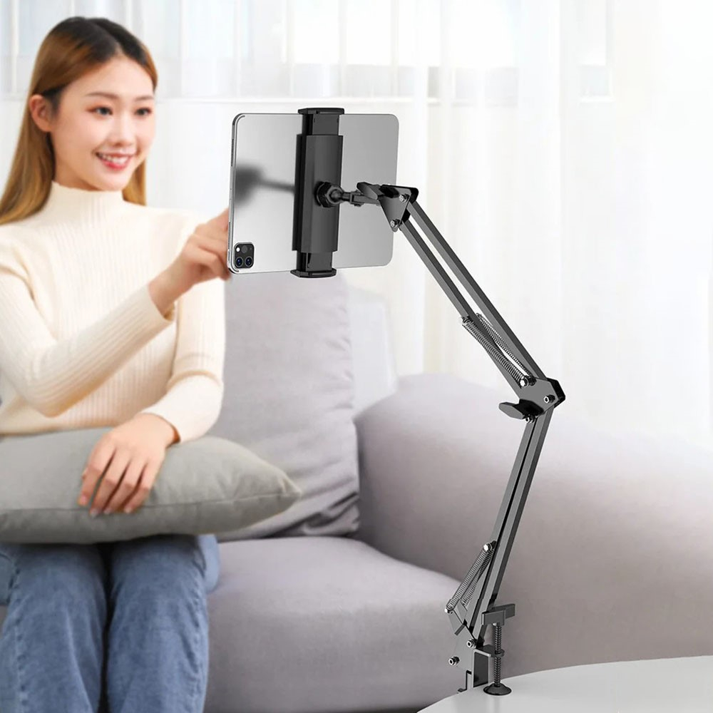 (160 cm) 360° Carbon Langarm Stativ Halterung Bodenständer für Smartphones / Tablets (10 - 33 cm) - Weiss