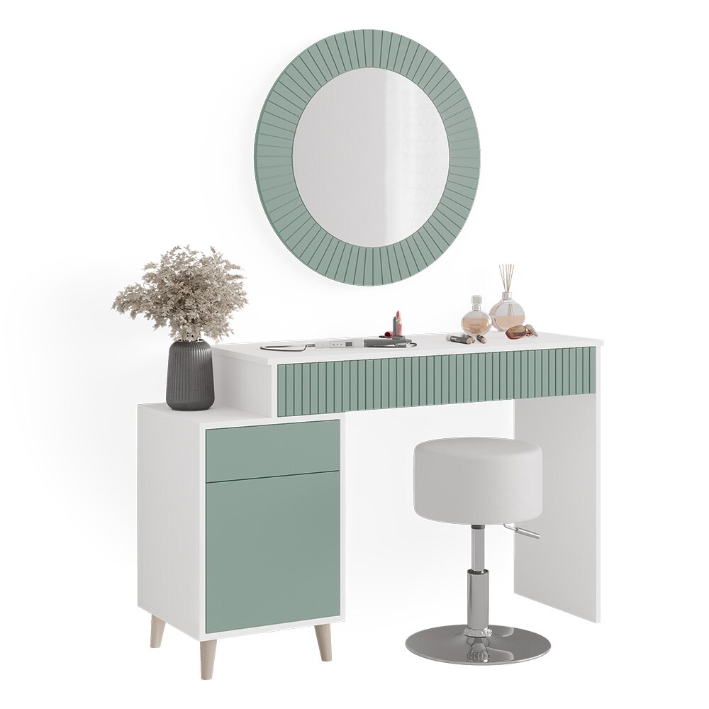 Vicco Schminktisch Frisiertisch Kosmetiktisch Arles Weiß Mintgrün Schminkspiegel Hocker 120x77 cm Skandi Schlafzimmerkommode Schminkkommode Schublade Ablage Aufbewahrung Frisierkommode Make-Up-Tisch