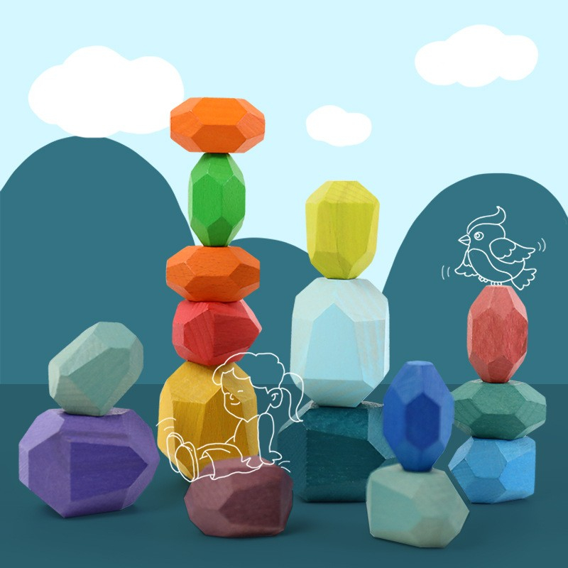 (16-tlg. Set) Balance Holz Tower Spielzeug Geschicklichkeit Kinderspiel / Familienspiel - Steine