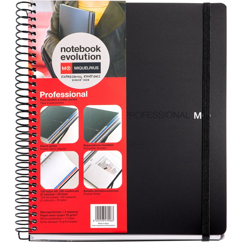 Notebook The Original, Couverture souple, A5, quadrillage 5x5 mm + Lisse, 120 feuilles de 2 couleurs, Miquelrius, Noir, Professionnel.