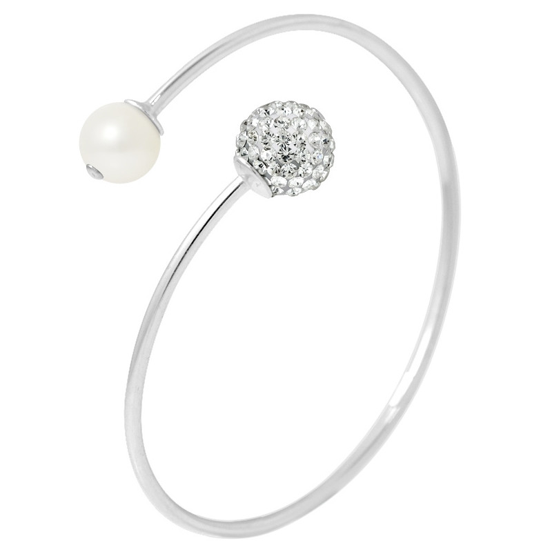 Bracelet Bangle Femme en Argent 925 et Perle de culture et Cristal Blanc