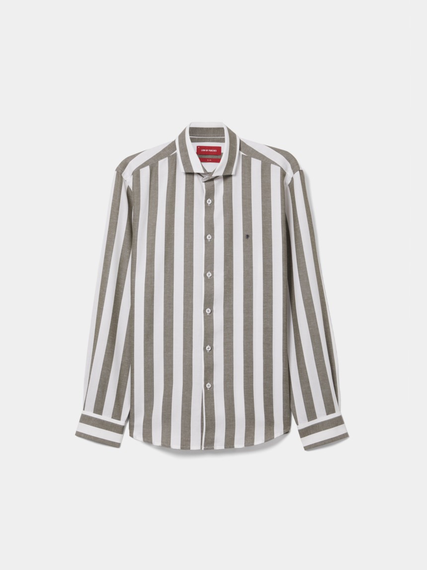 Camisa slim fit às riscas em liocel e linho