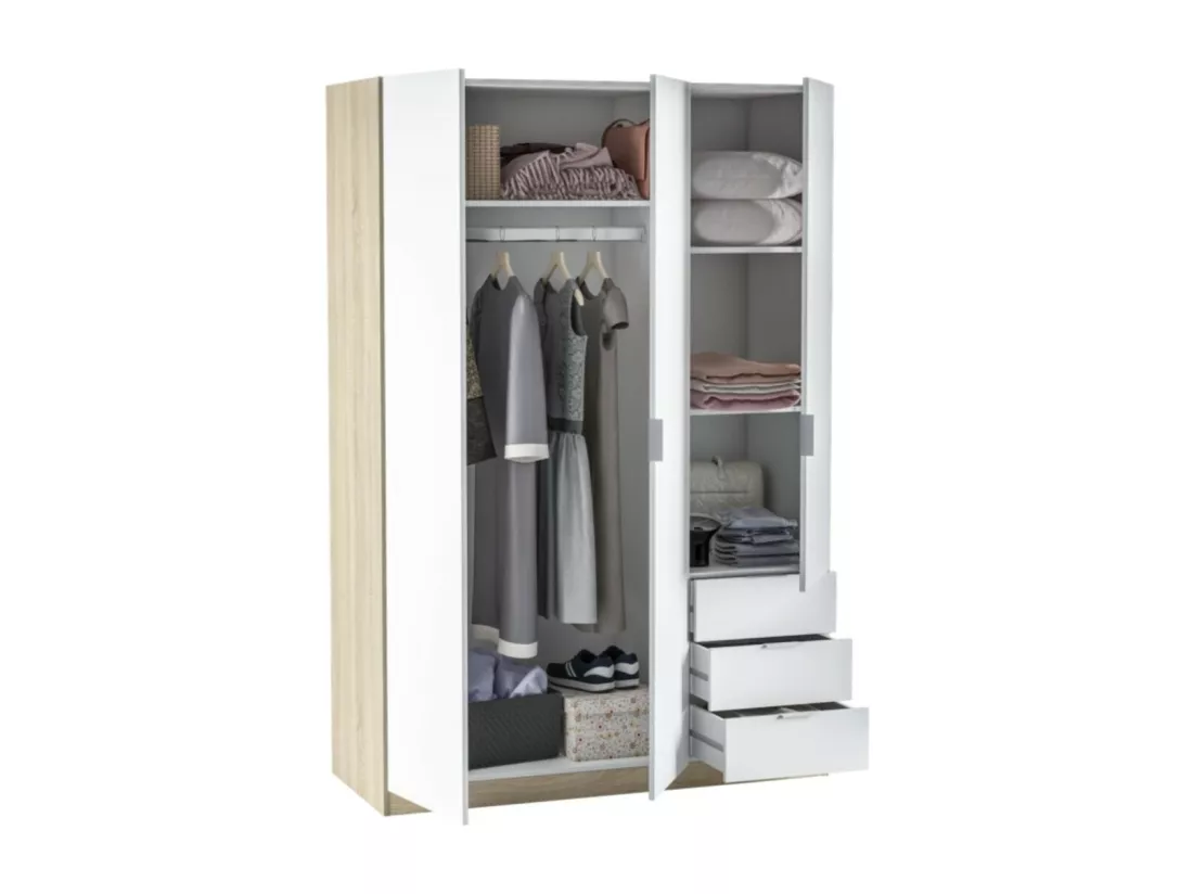 Armoire NINA 3 portes et 3 tiroirs L121 x H180 cm - Blanc et bois