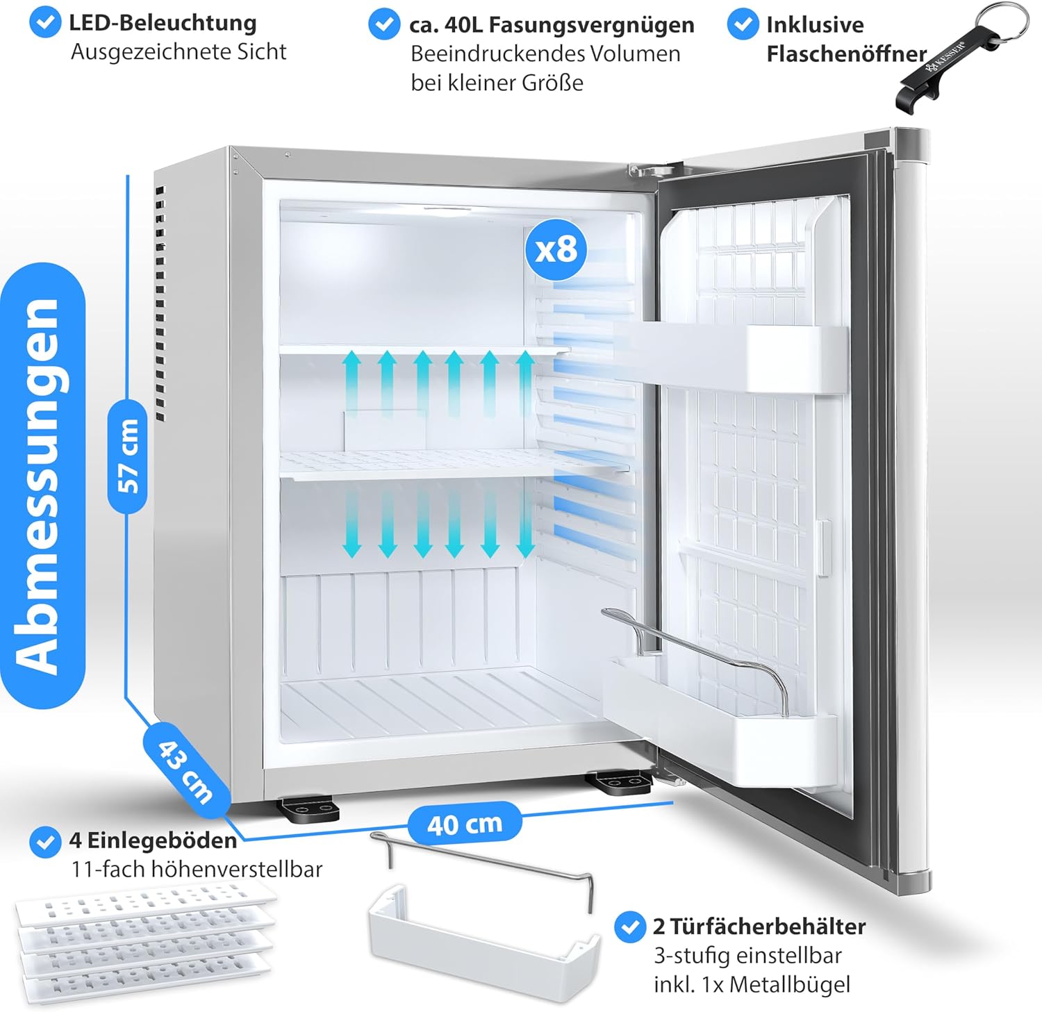 KESSER® Mini réfrigérateur avec Serrure, Mini Bar de 40 l, Silencieux, 22 DB, verrouillable, Chambre à Coucher, butée de Porte Amovible, env. 4 à 16 °C, Hauteur 57 cm, éclairage intérieur