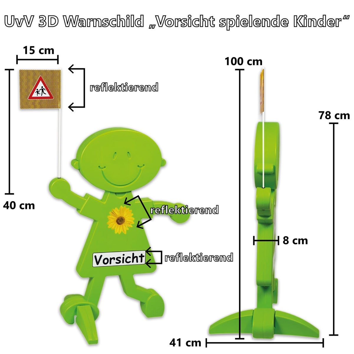 3D-waarschuwingsbord met aangepaste tekst, reflecterende folie en zonnebloemontwerp voor verhoogde verkeersveiligheid / (1 stuk)