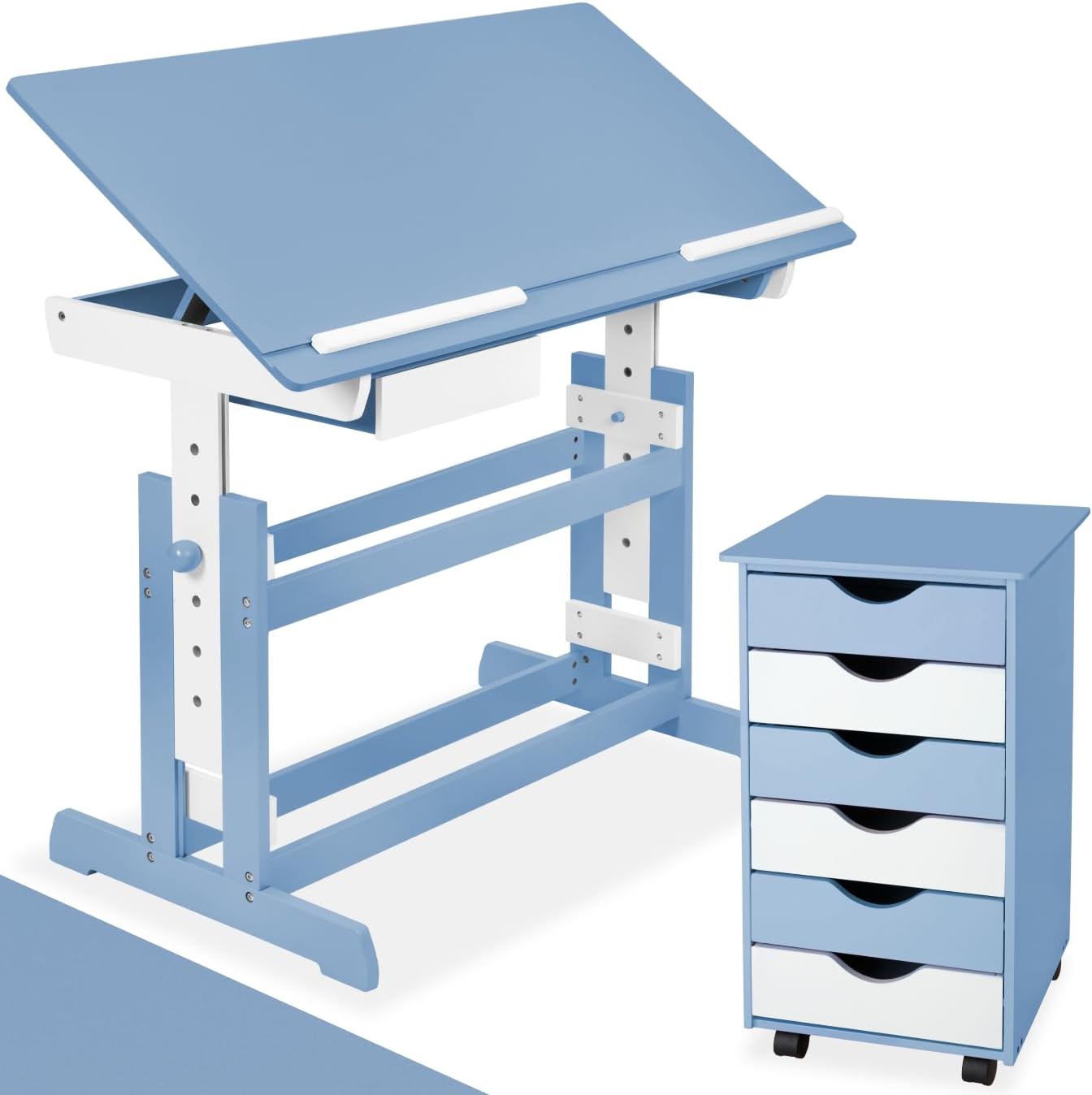 tectake® höhenverstellbarer Schreibtisch, Kindertisch, Kinderschreibtisch höhenverstellbar und neigbar mit Schreibtisch Zubehör Rollcontainer mit Schubladen, Kinderzimmer Möbel, Jugendzimmer - blau