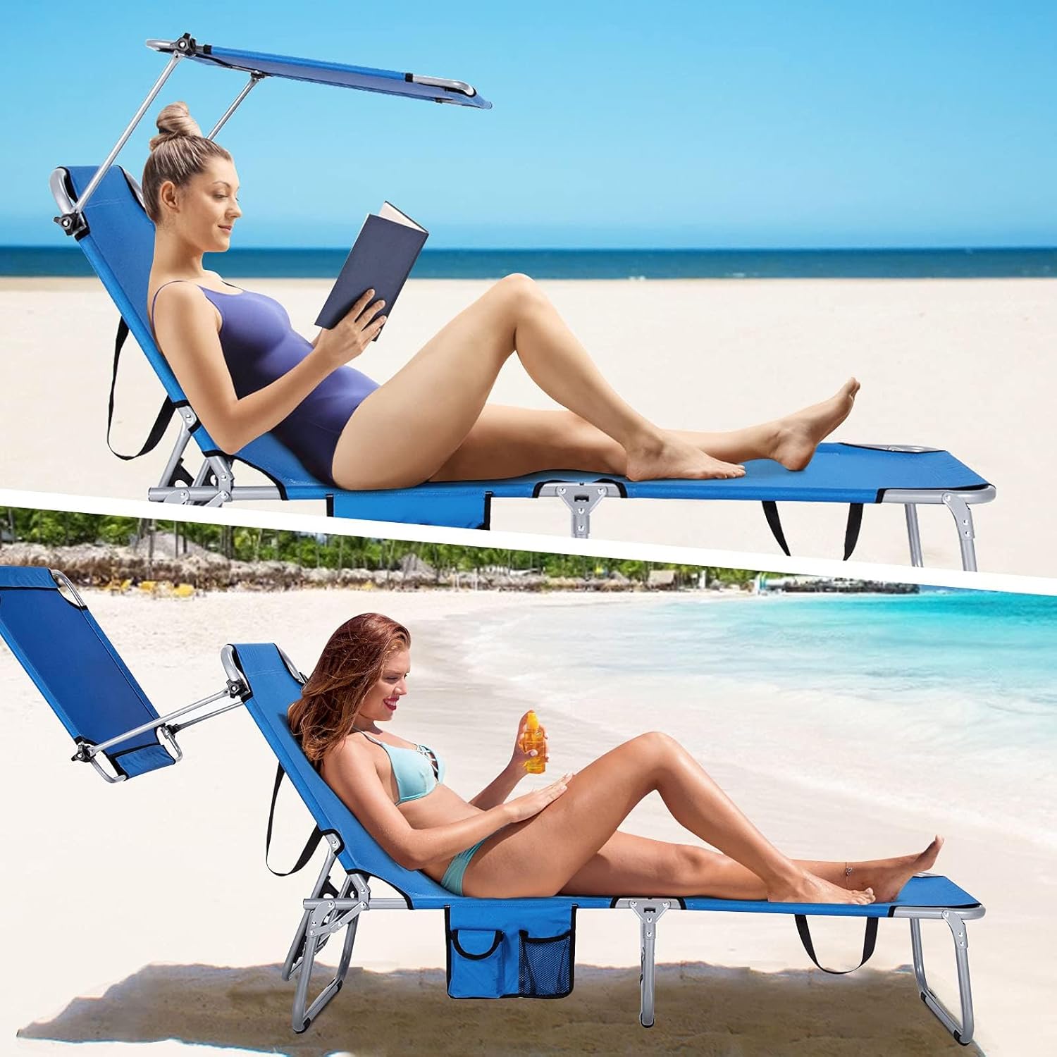 GIANTEX 2er Set Sonnenliege mit Dach, Gartenliege klappbar, Campingliege Strandliege Verstellbarer Rückenlehne, Liegestuhl mit Seitentasche, Liege Reiseliege bis 150 kg belastbar Relaxliege (Blau)