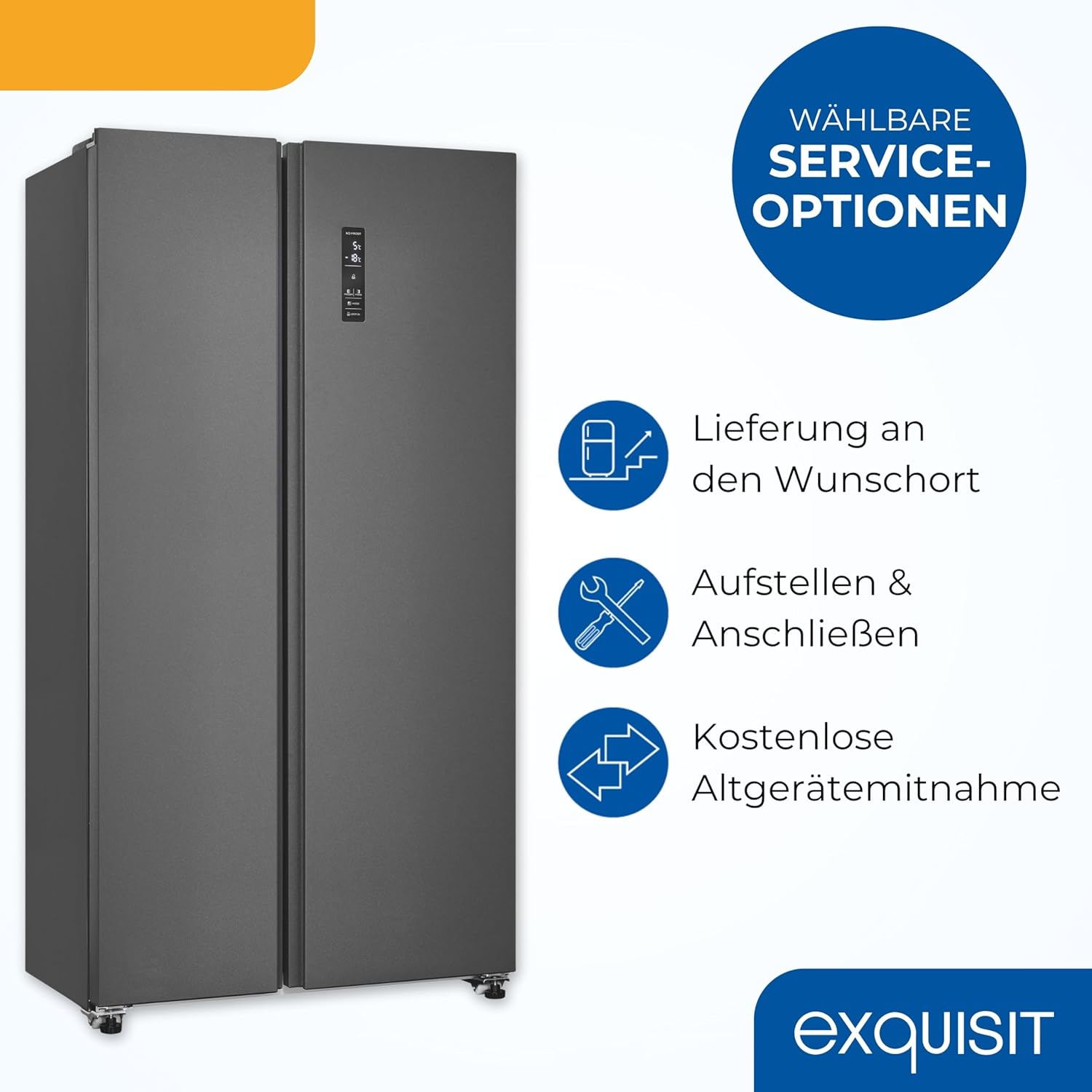 Exquisit Side-by-Side Kühlschrank mit Gefrierteil, 442 Liter, 10 Ablagen, No-Frost, LED-Anzeige, 91 cm Breite, SBS546-040E anthrazit