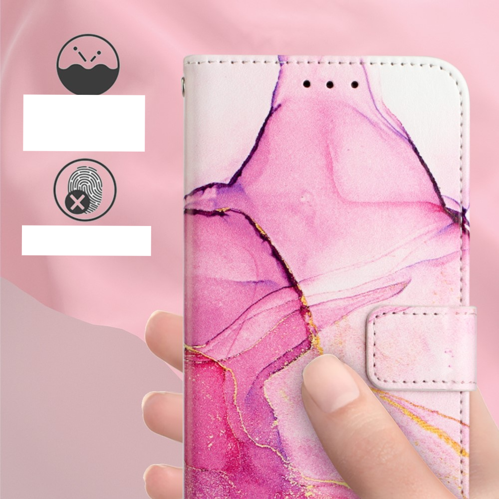 iPhone 12 / iPhone 12 Pro Leder Tasche mit Kartenfach   Handschlaufe Marble Marmor - Pink / Rosa