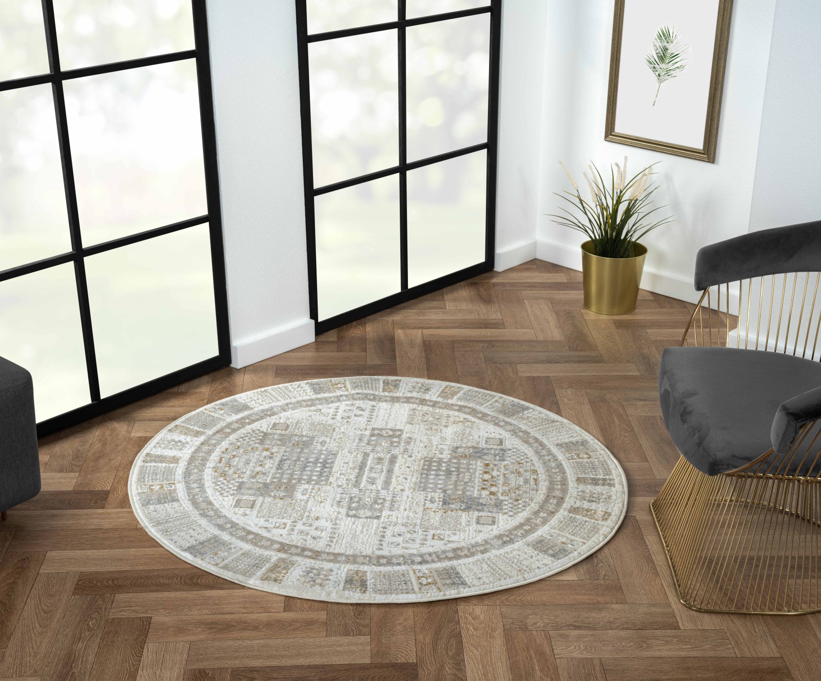 Teppich MY KASHKULY - creme-hellgrau-altgoldfarben - Ø 120 cm