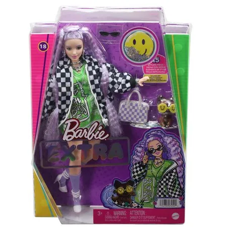 Barbie Extra Puppe in schwarz-weißer Rennwagejacke mit lila Haaren