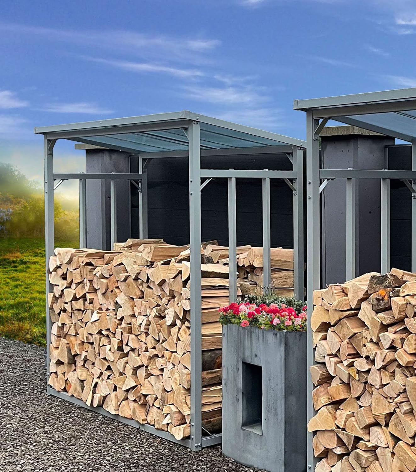 QUICK STAR Aluminium Kaminholzregal 130 x 70 x 185 cm mit Wetterschutz Garten Kaminholzunterstand 1,6 m³ Kaminholzlager Stapelhilfe Aussen, Grau-transparent