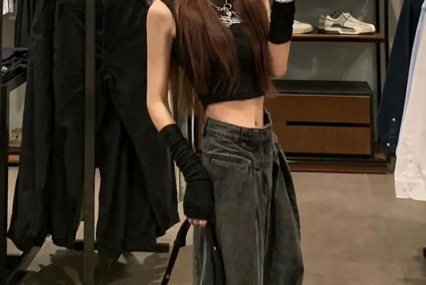 Kloitrinm - High Waist Washed Baggy Jeans