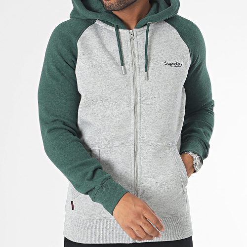 Sweat Zippé Capuche Essential Baseball Gris Chiné Vert