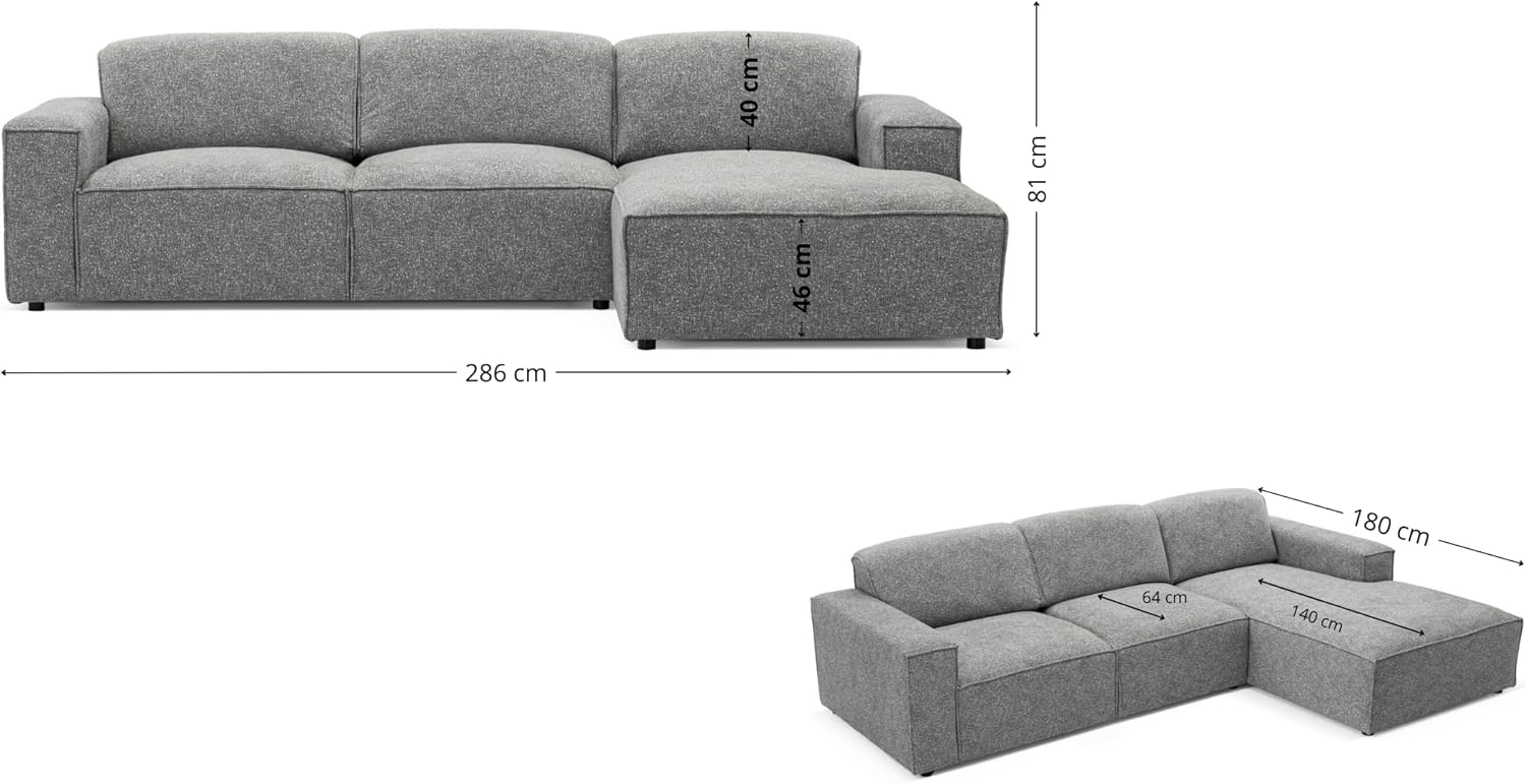 Ecksofa La Mia - Hygge & Wabi-Sabi Stil, Luxus Blur Hellgrau, 286 cm-Größe, L-Form mit ergonomischem Design, Ottomane Rechts (Blur Hellgrau)