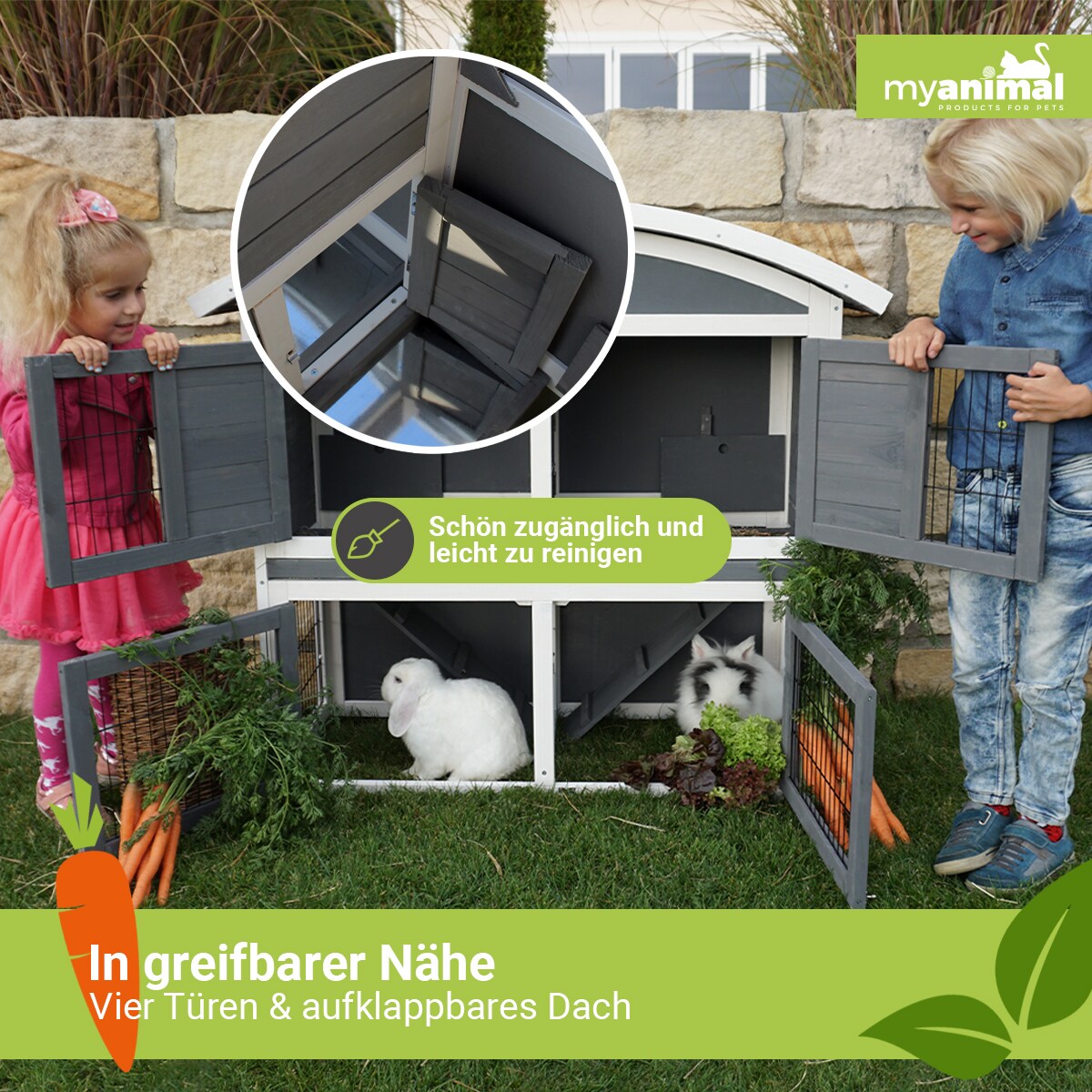 MyAnimal Hasenstall MH-33, 2-stöckig, Bogendach aufklappbar, wetterfester Kaninchenstall, Holz, Grau