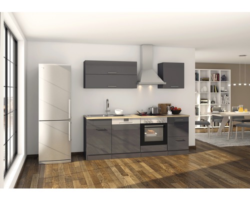 Held Furniture keukenblok zonder apparatuur Milan 220 cm grijs hoogglans gedemonteerd omkeerbaar model 563.1.6211