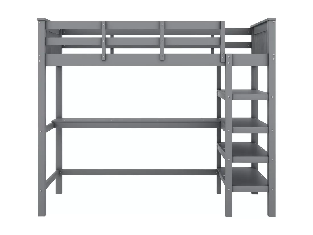 Lit mezzanine 90x200cm en bois - avec bureau et étagère de rangement - Gris