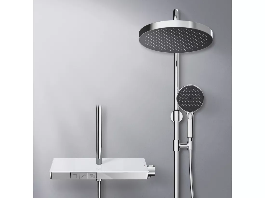 EMKE Colonne de Douche avec douche theramostat 38 °C à Grande douche de tête et douchette multimode, Cercle, chromé