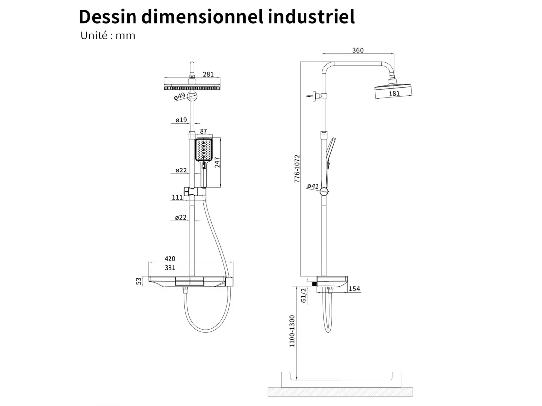 Colonne de Douche Thermostatique 38℃ avec Plateau de Rangement de 40 cm Ensemble de Douche Noir Comprend une Douche de Tête Surdimensionnée