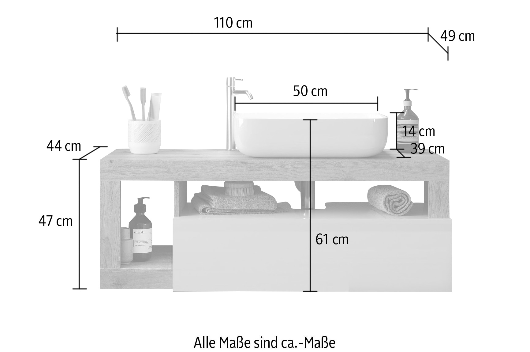 welltime Waschtisch »Hamburg« 1 Schubkasten, Breite 110 cm, Soft-Close, inkl. Keramik-Aufsatzbecken