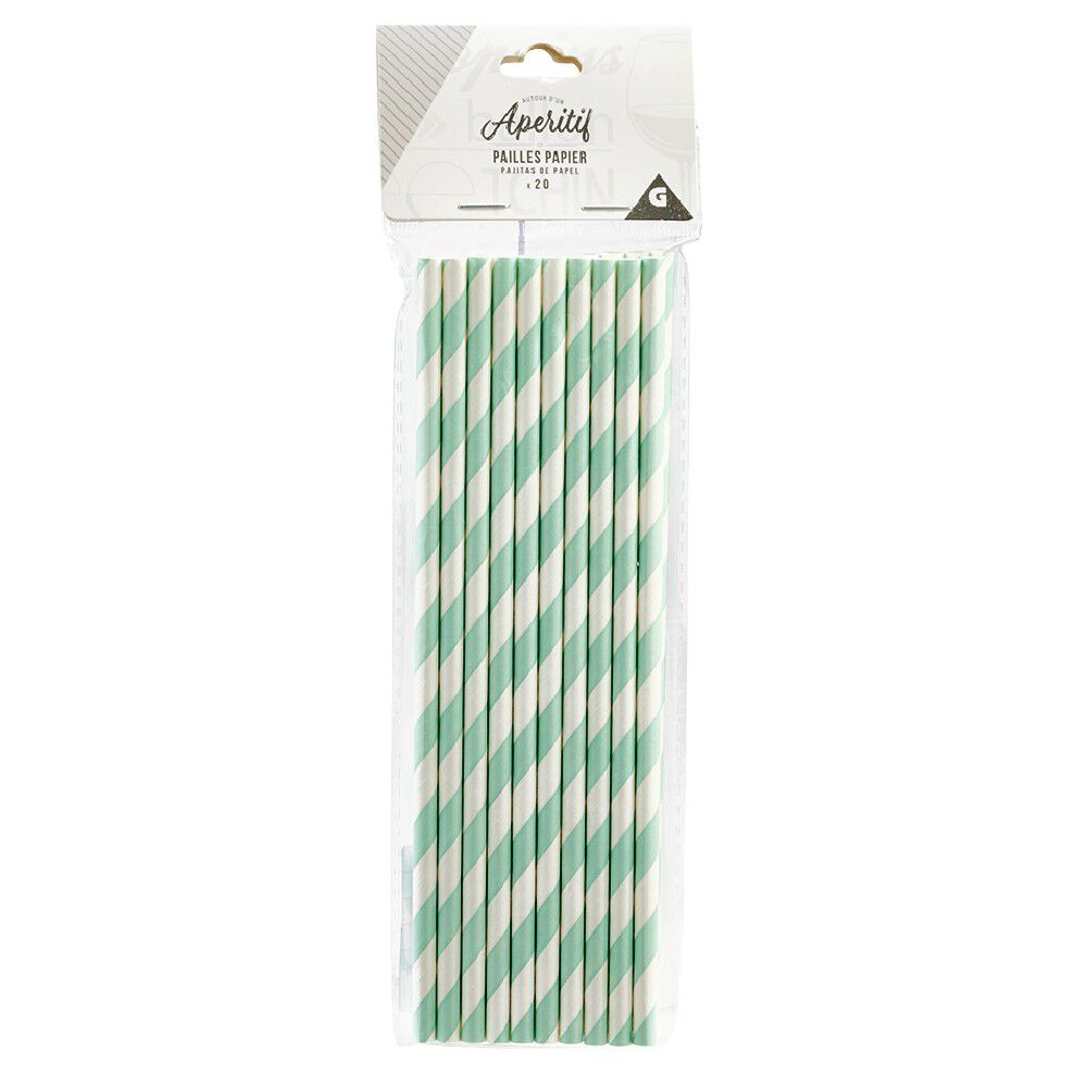 Paille en papier motif chevron blanc turquoise x20