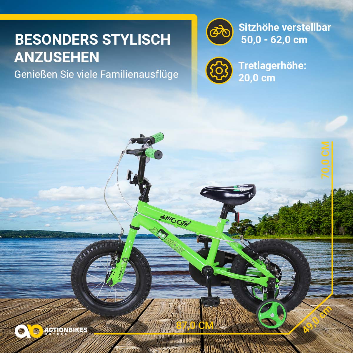 Actionbikes Kinderfahrrad Zombie 12 Zoll, V-Brake-Bremsen, höhenverstellbar, Stützräder, Reflektoren