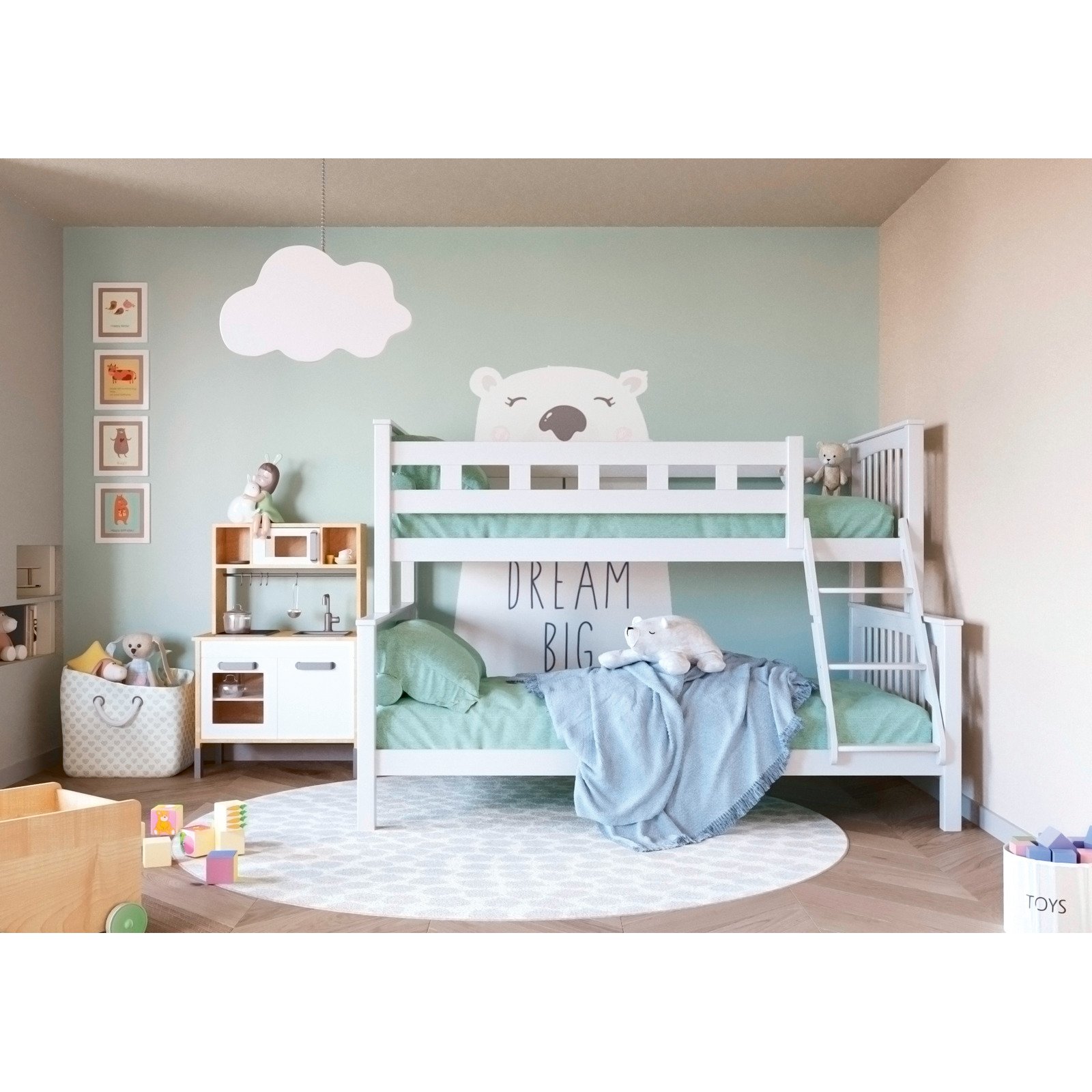 Etagenbett Valerian Buche massiv 90 + 140 x 200 cm Buche weiss