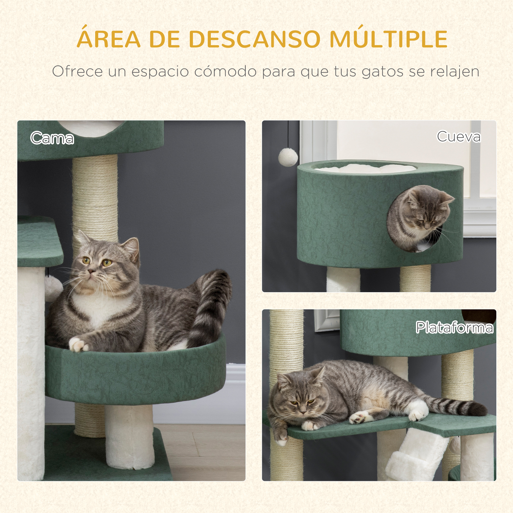 Arranhador para Gatos PawHut, 114 cm de altura, Torre para Gatos com 2 Camas, Caverna, Rede, Plataforma, Escada, Bolas Penduradas e Postes de Sisal, 70x50x114 cm, Verde