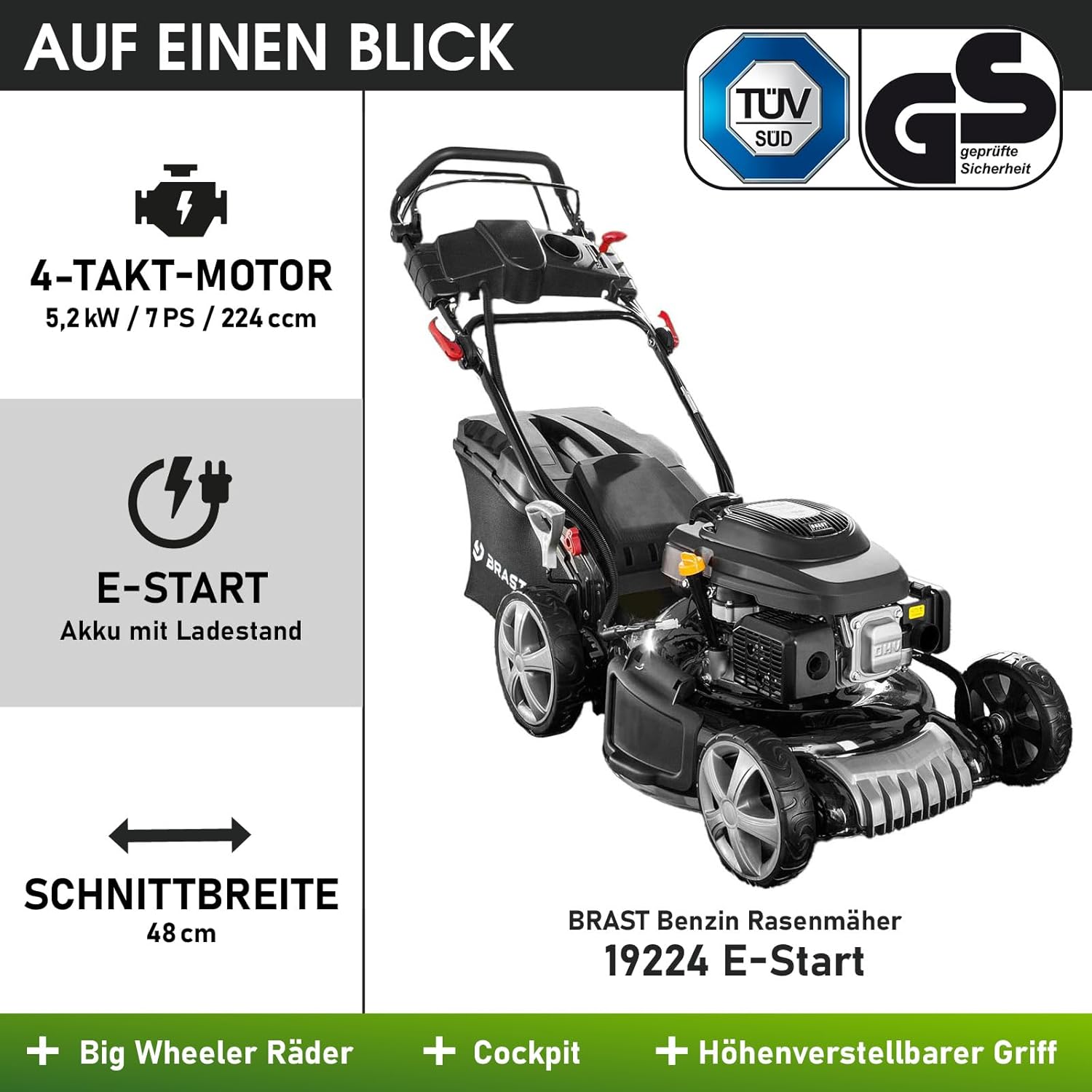 BRAST Benzin Rasenmäher mit Antrieb | 5,2kW(7PS) | Elektrostart | 48cm Schnittbreite | viele Modelle | TÜV | 4 Takt OHV Motor | 30-80mm Schnitthöhe | 60L Fangkorb | Stahlgehäuse | 19224 ESTART