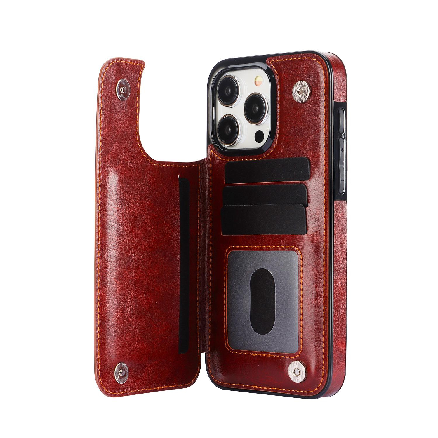 iPhone 15 Pro Max Hybrid Leder Hülle mit Kartenfach   Kickstand Aufsteller - Braun
