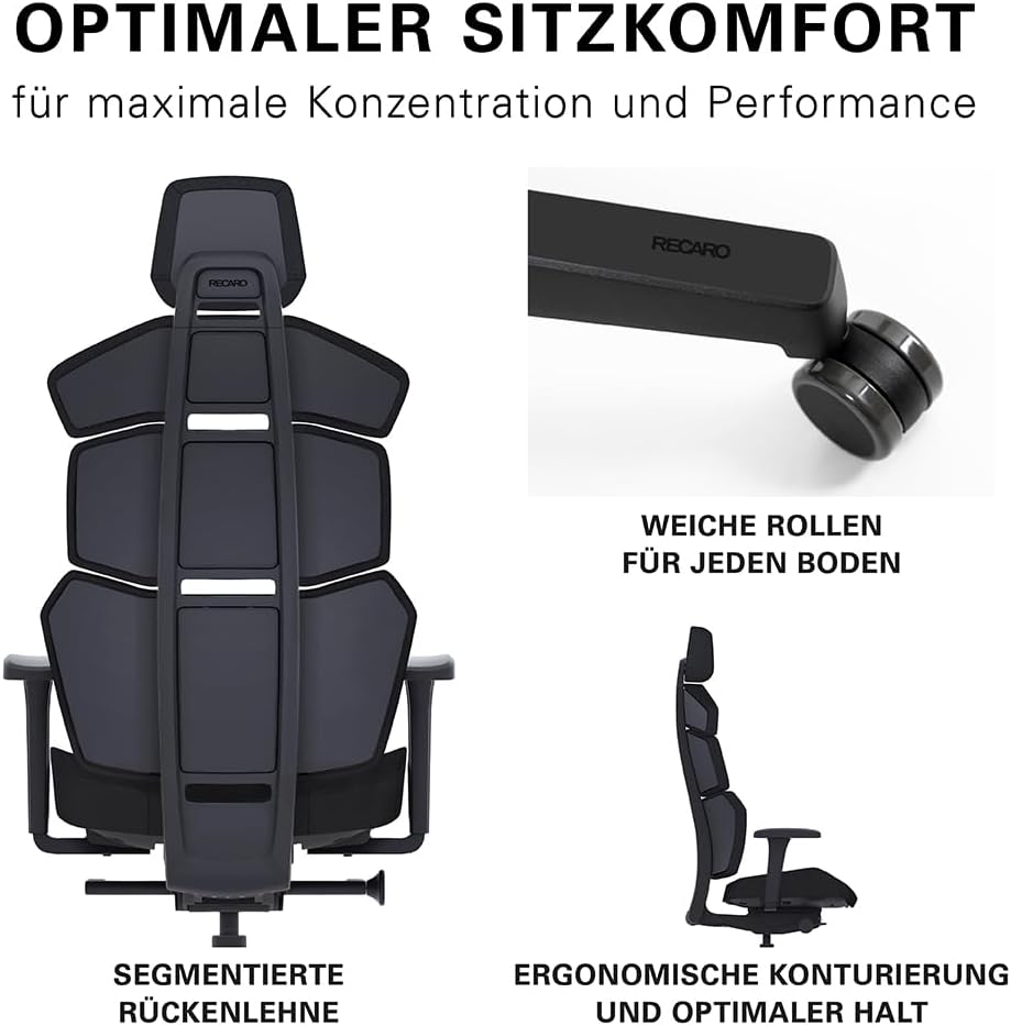 RECARO NXT Essential Premium Gaming & Bürostuhl Ergonomisch [Büro-Zertifiziert] | Made in Germany | Hochwertiger Stoffbezug | Höhenverstellbar - bis 150kg, Raven Black