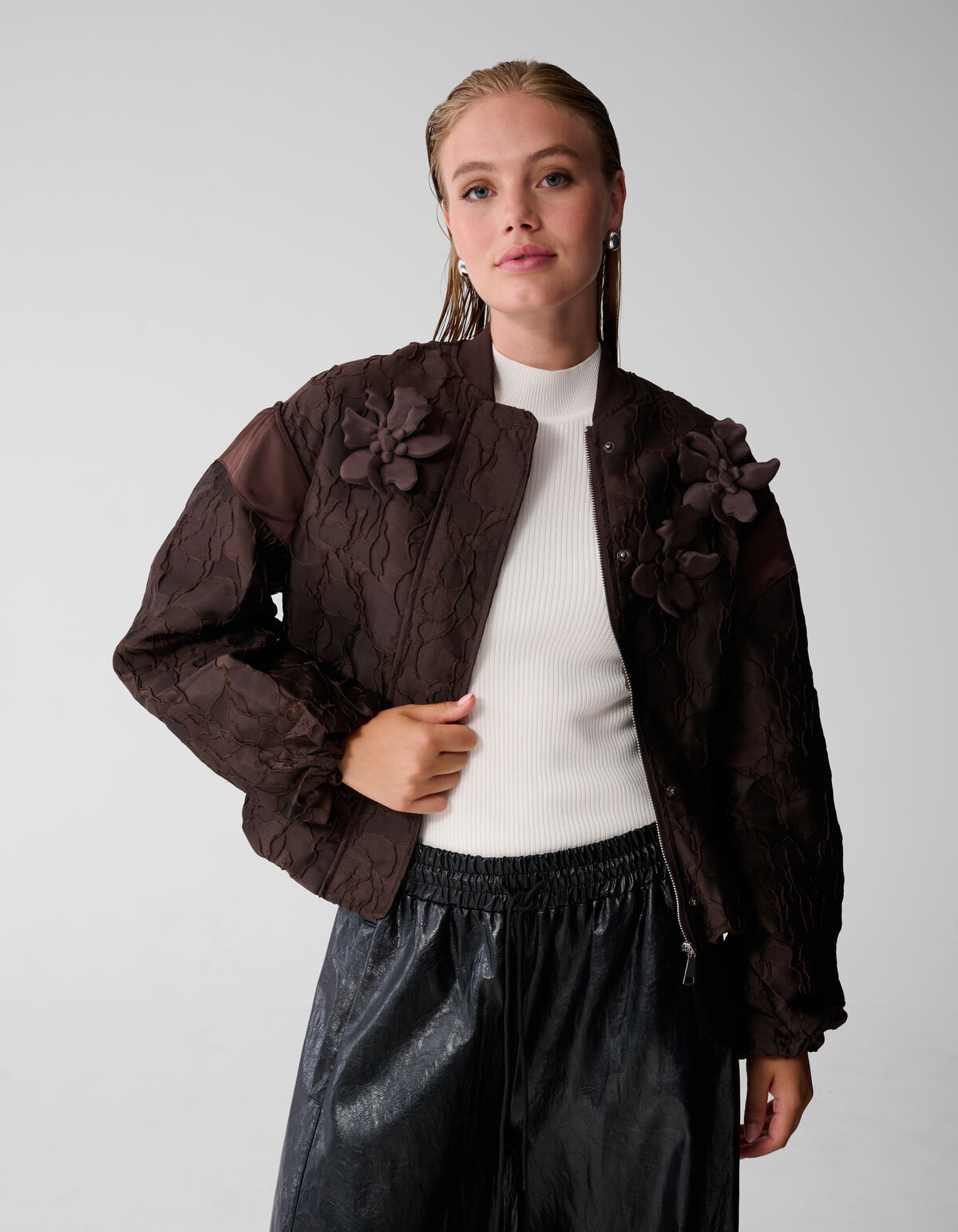 Flower Jacquard Bomber Donkerbruin
