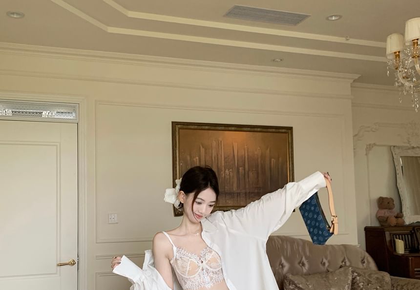 Closette - Lange mouwen kraag effen kanten shirt / kanten bh-top / maxi-rok met hoge taille en vissenstaart