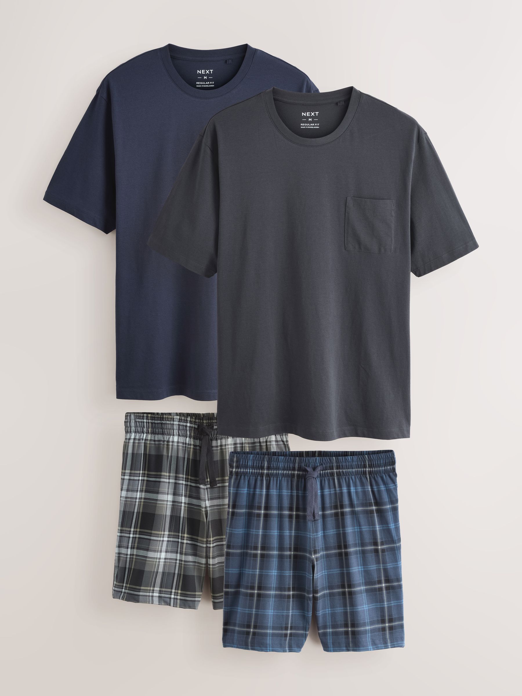 Zwart/marineblauw - Check Short Sleeve Jersey Pyjamas Set 2 Pack