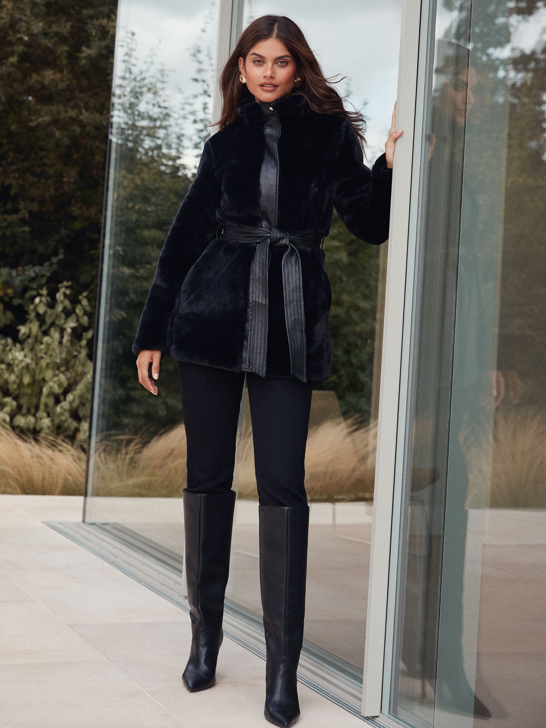 Zwart - Lipsy Faux Fur and Faux Leather Mix Belted Coat