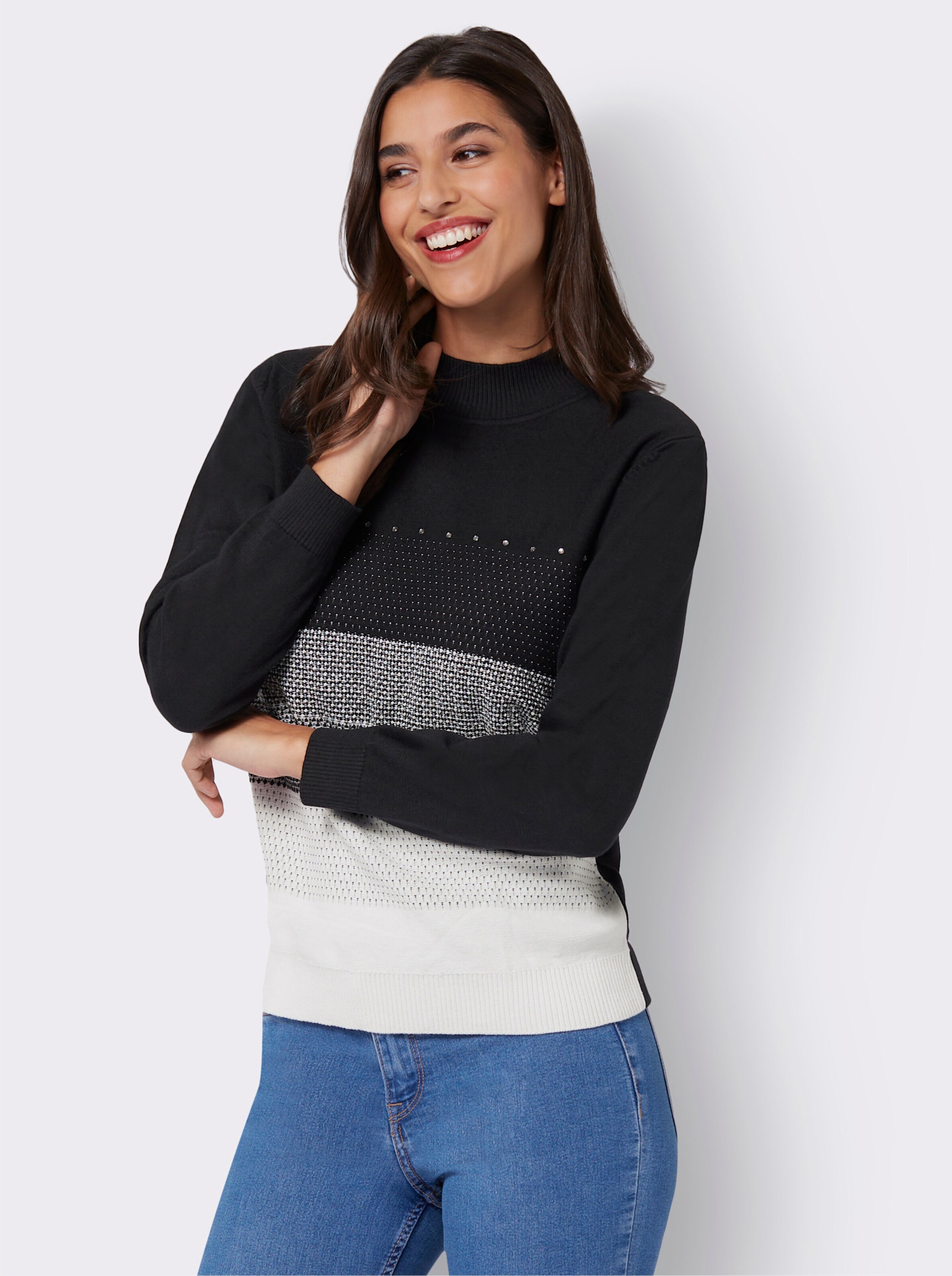 Stehkragenpullover mit glänzenden Ziersteinchen