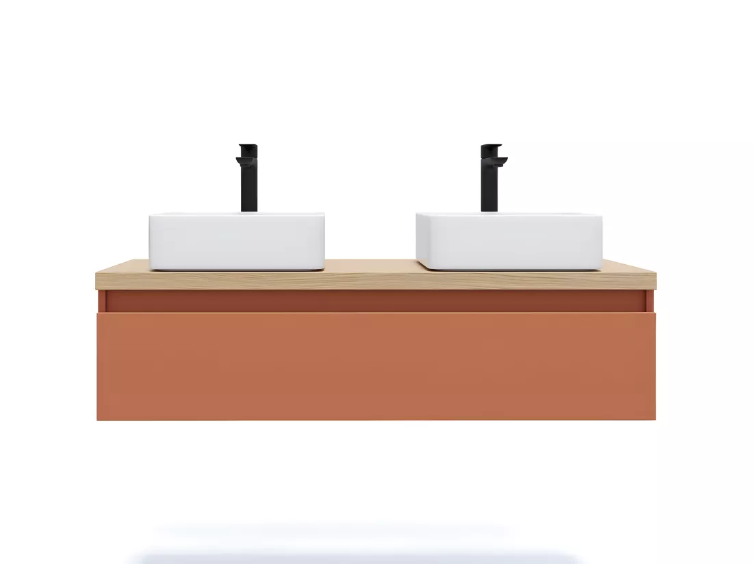 Meuble de salle de bain suspendu 2 vasques à poser 120cm 1 tiroir Terracotta - Hudson